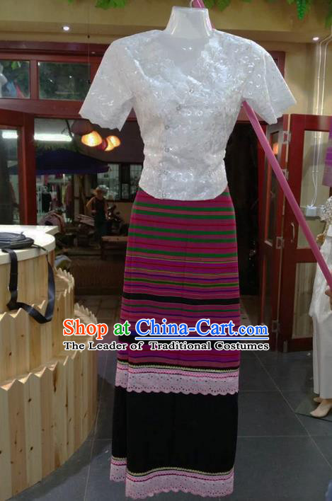 Traditional Thailand Ancient Handmade Costumes, Traditional Thai China Dai Nationality Rosy Dress Clothing for Women