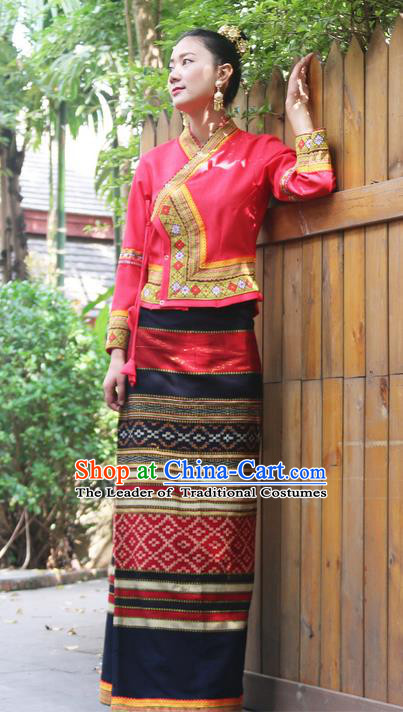 Traditional Thailand Ancient Handmade Female Costumes, Traditional Thai Uniform China Dai Nationality Dark Red Dress Clothing for Women