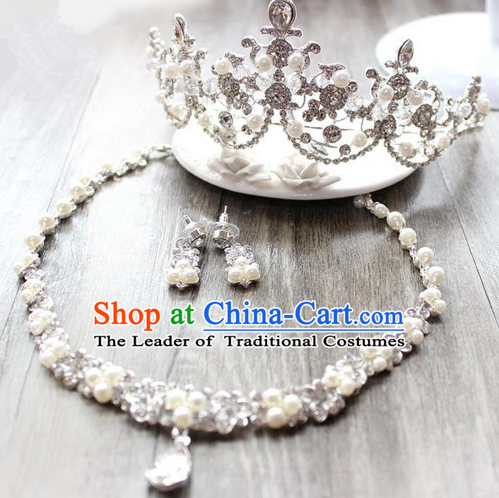 Top Grade Handmade Wedding Bride Hair Accessories and Necklace Earrings, Traditional Princess Baroque Pearl Royal Crown Wedding Headwear for Women