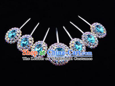 Chinese Ancient Peking Opera Head Accessories Young Lady Diva Colorful Crystal Blue Hairpins Complete Set, Traditional Chinese Beijing Opera Hua Tan Hair Clasp Head-ornaments