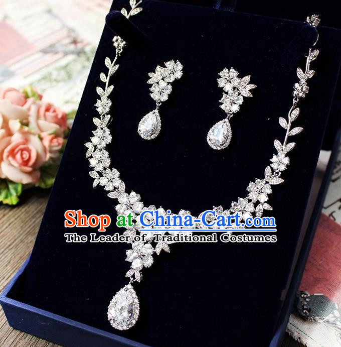 Top Grade Handmade Wedding Bride Accessories Necklace and Earrings Complete Set, Traditional Princess Crystal Zircon Wedding Jewelry for Women