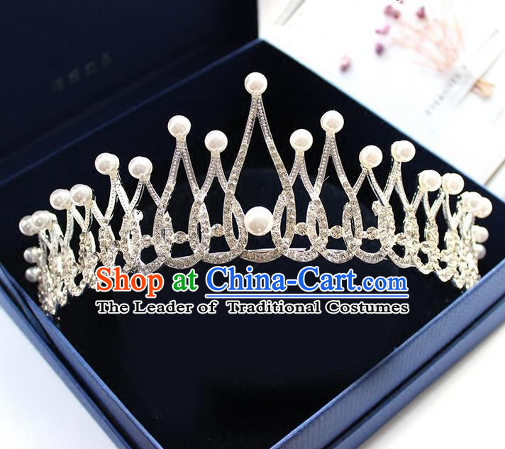 Top Grade Handmade Wedding Bride Hair Accessories Pearl Crown, Traditional Baroque Princess Crystal Royal Crown Wedding Headpiece for Women