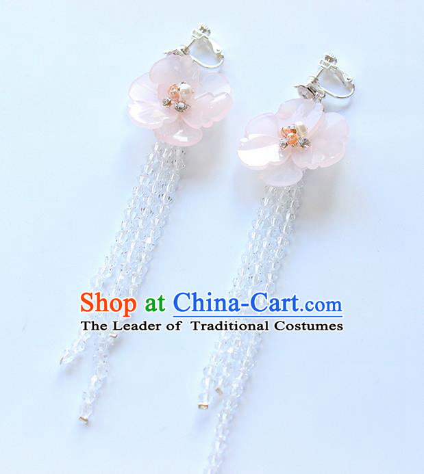 Top Grade Handmade Wedding Bride Accessories Pink Flower Earrings, Traditional Princess Wedding Long Tassel Eardrop for Women