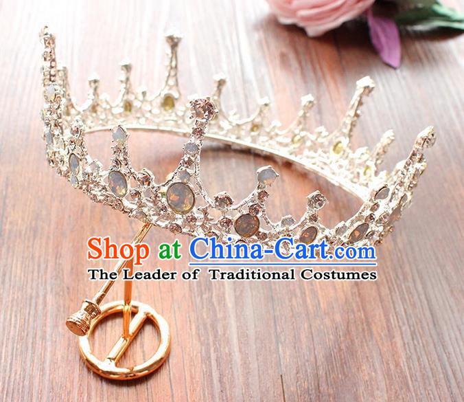 Top Grade Handmade Wedding Bride Hair Accessories Round Opal Crown, Traditional Baroque Princess Crystal Royal Crown Wedding Headpiece for Women