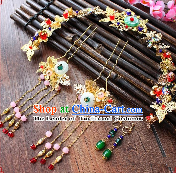 Top Grade Chinese Handmade Wedding Jade Hair Accessories, Traditional China Xiuhe Suit Phoenix Coronet Bride Headwear Hairpins Complete Set for Women