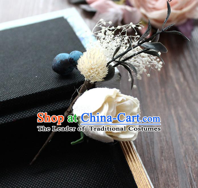Top Grade Handmade Wedding Bride Hair Accessories Flower Hairpin, Traditional Princess Brooch Wedding White Rose for Women