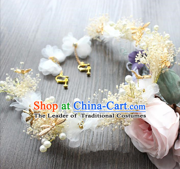 Top Grade Handmade Wedding Bride Hair Accessories Hair Clasp, Traditional Baroque Queen Feather Hairpins and Earrings Wedding Headpiece for Women