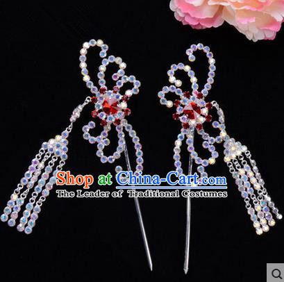 Chinese Ancient Peking Opera Head Accessories Diva Red Colorful Crystal Hairpins Tassel Step Shake, Traditional Chinese Beijing Opera Princess Hua Tan Hair Clasp Head-ornaments