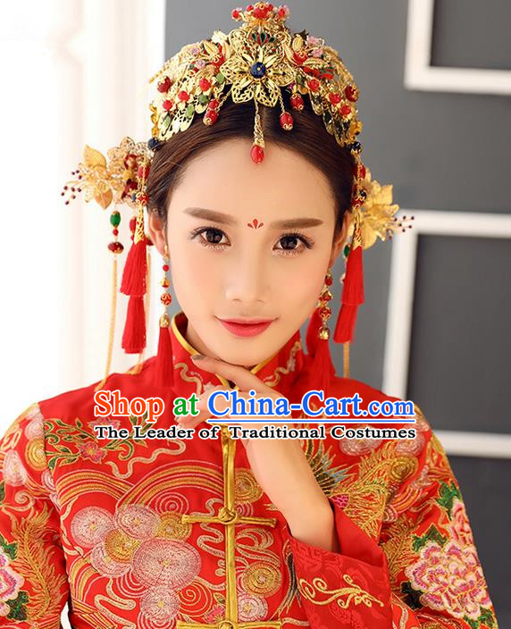 Top Grade Chinese Handmade Wedding Hair Accessories, Traditional China Xiuhe Suit Phoenix Coronet Bride Hanfu Tassel Hairpins Complete Set for Women