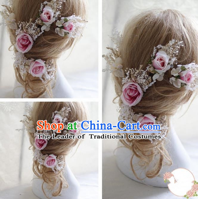 Top Grade Handmade Wedding Bride Hair Accessories Pink Flowers Hairpin, Traditional Princess Baroque Rose Headpiece for Women