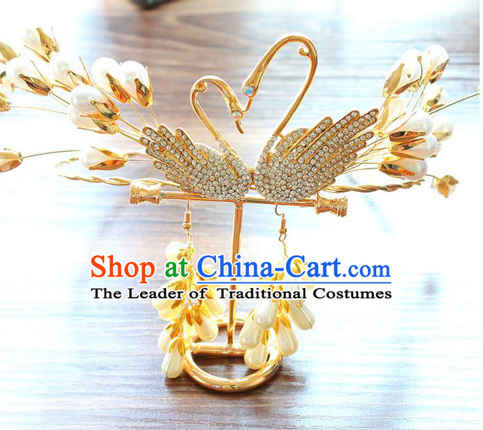 Top Grade Handmade Wedding Bride Hair Accessories Swan Hair Band, Traditional Princess Wedding Golden Hair Clasp Headwear for Women
