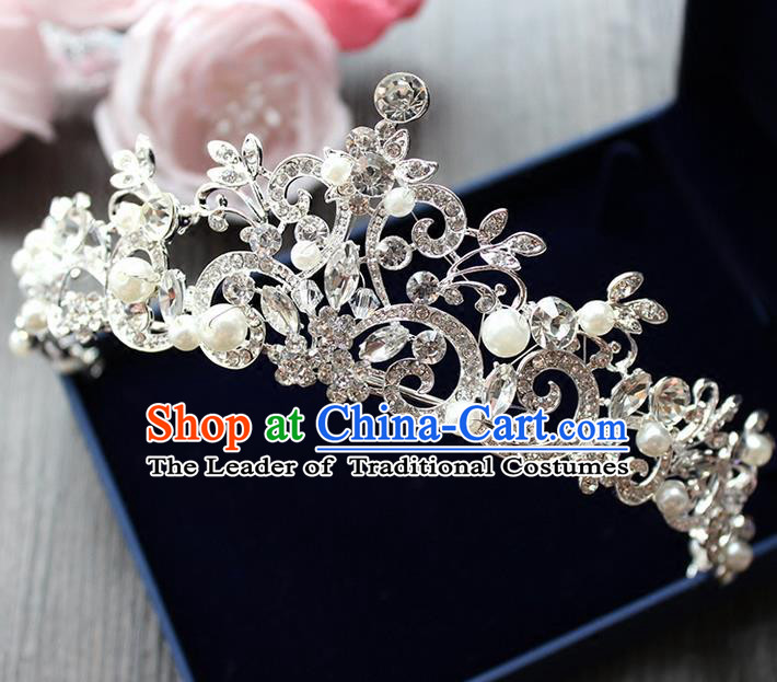 Top Grade Handmade Wedding Bride Hair Accessories Luxury Crystal Crown, Traditional Baroque Princess Pearl Royal Crown Wedding Headwear for Women
