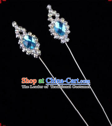 Chinese Ancient Peking Opera Head Accessories Diva Blue Crystal Flower Bud Hairpins, Traditional Chinese Beijing Opera Princess Hua Tan Hair Clasp Head-ornaments
