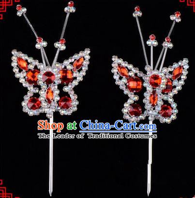 Chinese Ancient Peking Opera Head Accessories Diva Red Crystal Beads Butterfly Hairpins, Traditional Chinese Beijing Opera Princess Hua Tan Hair Clasp Head-ornaments