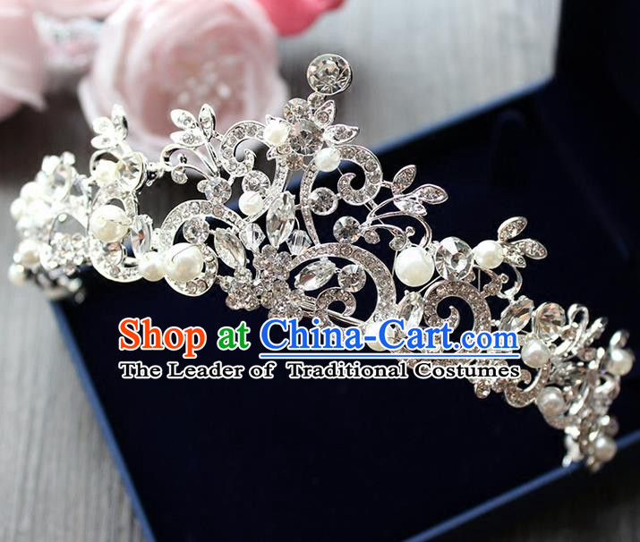 Top Grade Handmade Wedding Hair Accessories Bride Luxury Crystal Crown, Traditional Baroque Princess Pearl Royal Crown Wedding Headwear for Women