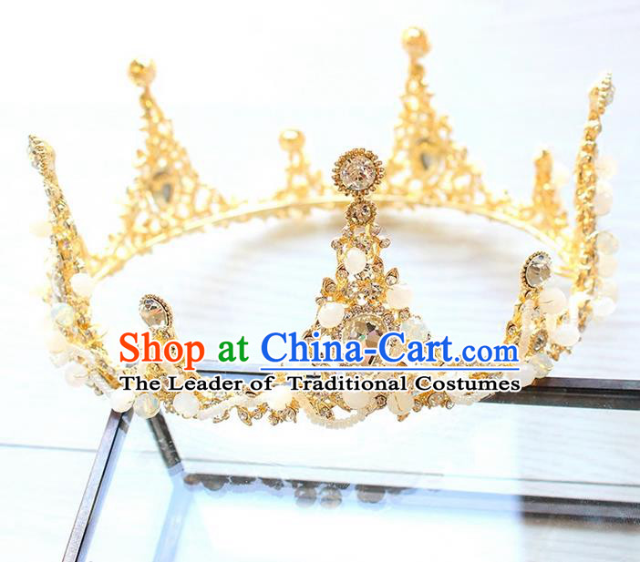 Top Grade Handmade Wedding Hair Accessories Bride Luxury Crystal Round Golden Crown, Traditional Baroque Princess Royal Crown Wedding Headwear for Women