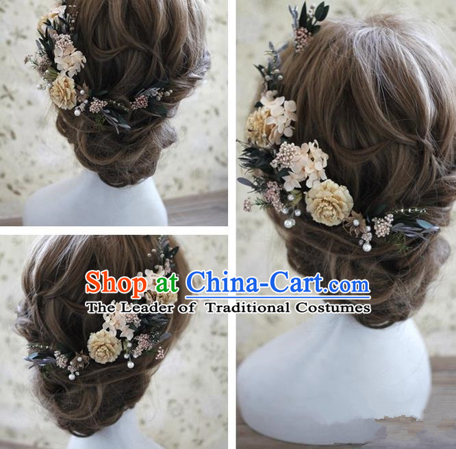 Top Grade Handmade Wedding Bride Hair Accessories Beige Flowers Headwear, Traditional Princess Baroque Hair Stick Headpiece Hairpins Complete Set for Women