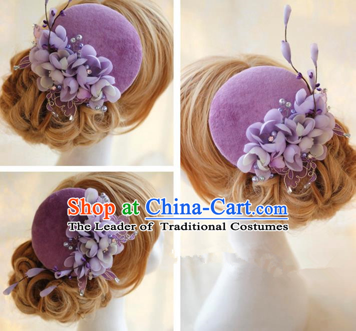 Top Grade Handmade Wedding Bride Hair Accessories Hat, Traditional Princess Baroque Purple Flowers Top Hat Headpiece for Women