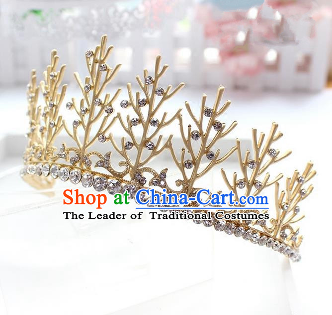 Top Grade Handmade Wedding Hair Accessories Bride Golden Hair Crown, Traditional Baroque Princess Crystal Royal Crown Wedding Headwear for Women
