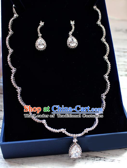 Top Grade Handmade China Wedding Bride Accessories Zircon Earrings and Necklace, Traditional Princess Wedding Crystal Clavicle Chain Necklace Earbob Jewelry for Women