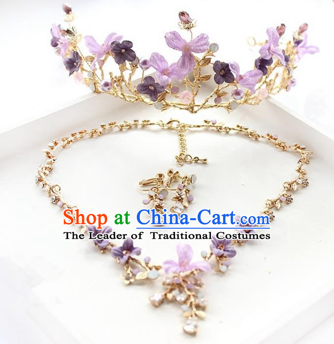 Top Grade Handmade Wedding Hair Accessories Bride Luxury Purple Flowers Crown and Necklace Earrings Complete Set, Traditional Baroque Royal Crown Wedding Headwear for Women