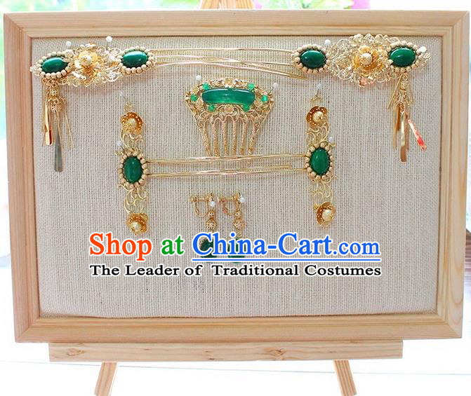 Top Grade Chinese Handmade Wedding Green Jade Hair Accessories Complete Set, Traditional China Xiuhe Suit Bride Phoenix Coronet Tassel Hairpins Headwear for Women