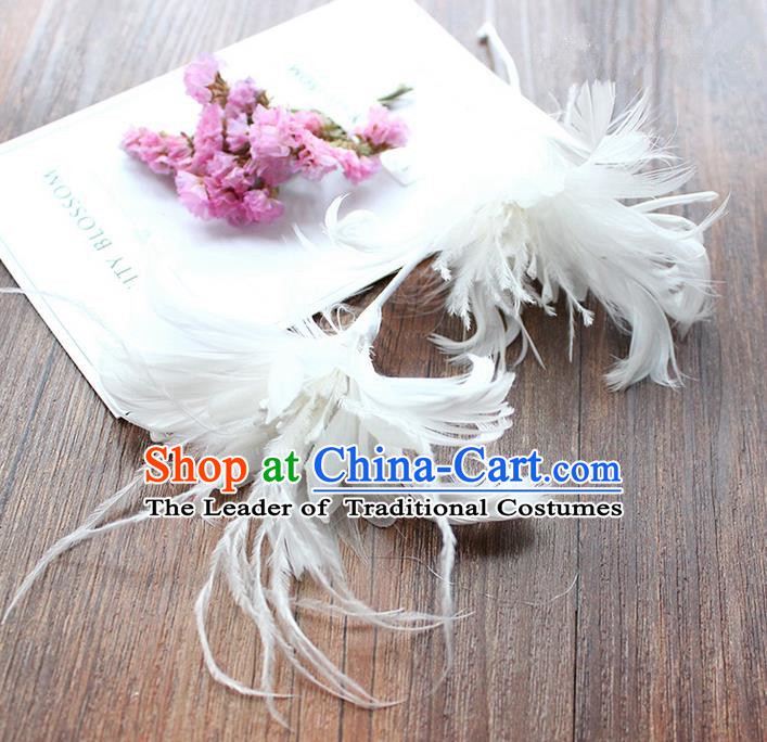 Top Grade Handmade Wedding Bride Hair Accessories White Feather Hairpins, Traditional Princess Baroque Hair Stick Headpiece for Women