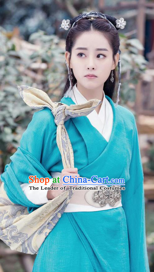 Traditional Ancient Chinese Young Lady Costume and Handmade Headpiece Complete Set, Elegant Hanfu Clothing Chinese Swordswoman Green Dress Clothing