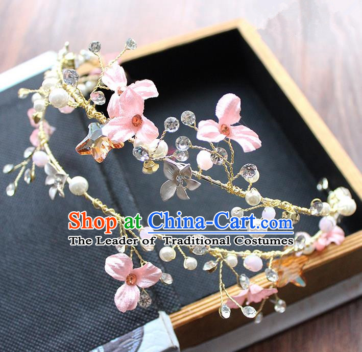Top Grade Handmade Wedding Bride Hair Accessories Pink Flowers Pearl Hair Clasp, Traditional Princess Baroque Crystal Headband Headpiece for Women