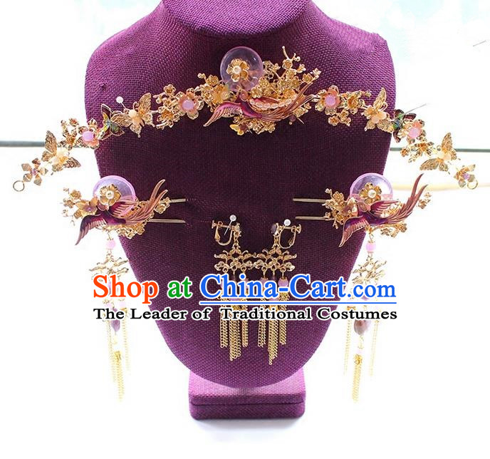 Top Grade Chinese Handmade Wedding Purple Jade Hair Accessories Complete Set Step Shake, Traditional China Xiuhe Suit Phoenix Crown Bride Tassel Hairpins Headdress for Women