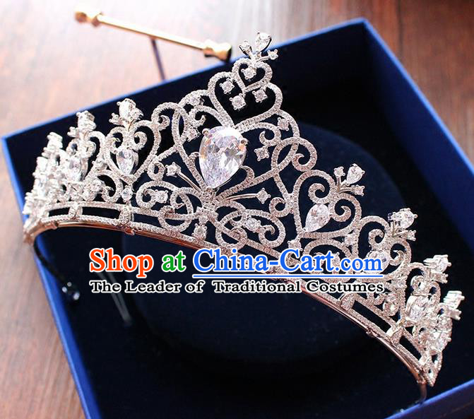 Top Grade Handmade Wedding Hair Accessories Bride Vintage Diamante Crown, Traditional Baroque Zircon Royal Crown Wedding Headwear for Women