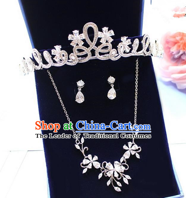 Top Grade Handmade Wedding Hair Accessories Bride Vintage Zircon Crown and Necklace Earrings, Traditional Baroque Queen Crystal Royal Crown Wedding Headwear Complete Set for Women