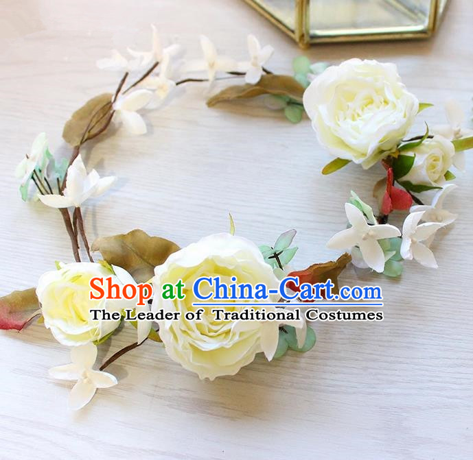 Top Grade Handmade Wedding Bride Hair Accessories White Flowers Headband Garland, Traditional Princess Baroque Hair Clasp Headpiece for Women