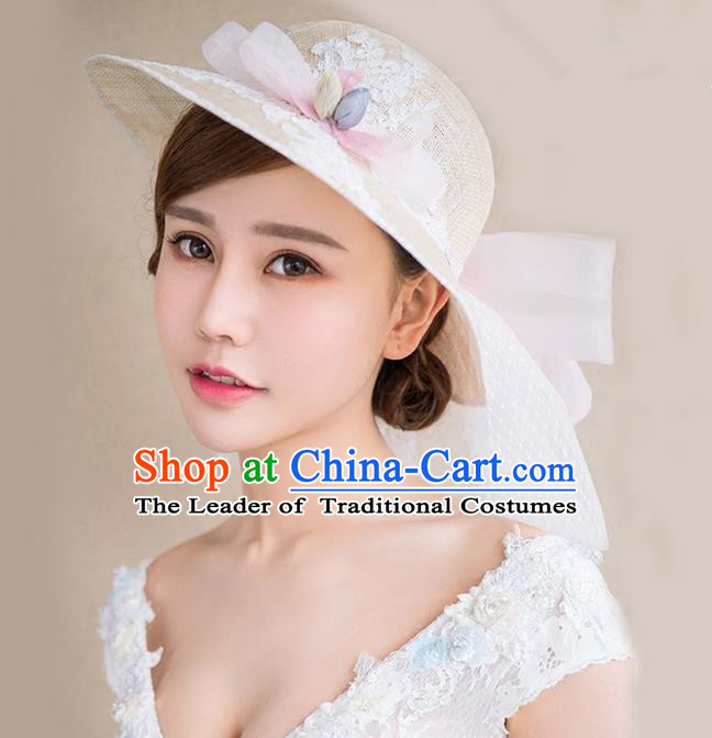 Top Grade Handmade Wedding Bride Hair Accessories Linen Veil Hat, Traditional Princess Baroque Satin Top Hat Headpiece for Women