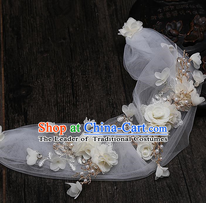Top Grade Handmade Wedding Bride Hair Accessories White Flowers Headband Hair Clasp, Traditional Princess Baroque Hair Stick Headpiece for Women