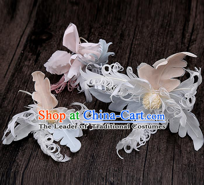 Top Grade Handmade Wedding Bride Hair Accessories Feather Hairpin Hair Claw, Traditional Baroque Princess Hair Stick Headpiece for Women