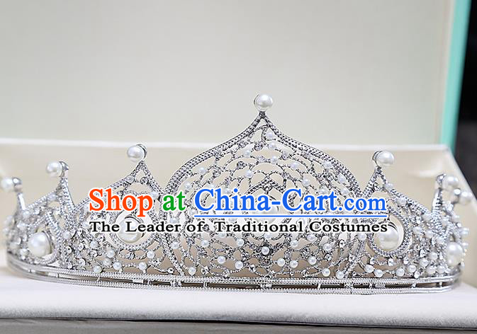 Top Grade Handmade Wedding Hair Accessories Bride Pearl Crown, Traditional Baroque Princess Crystal Royal Crown Wedding Headwear for Women