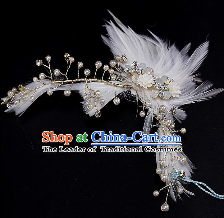 Top Grade Handmade Wedding Bride Hair Accessories White Feather Headband Hair Clasp, Traditional Baroque Princess Hair Stick Headpiece for Women