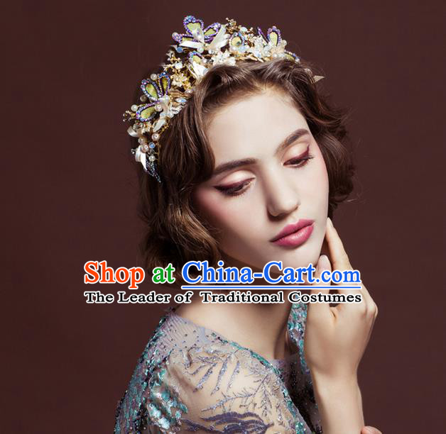Top Grade Handmade Wedding Hair Accessories Bride Crystal Crown, Traditional Baroque Queen Pearl Royal Crown Wedding Headwear for Women