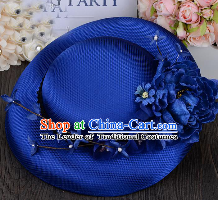 Top Grade Handmade Wedding Bride Hair Accessories Princess Royalblue Top Hat, Traditional Princess Baroque Flowers Hat Headpiece for Women