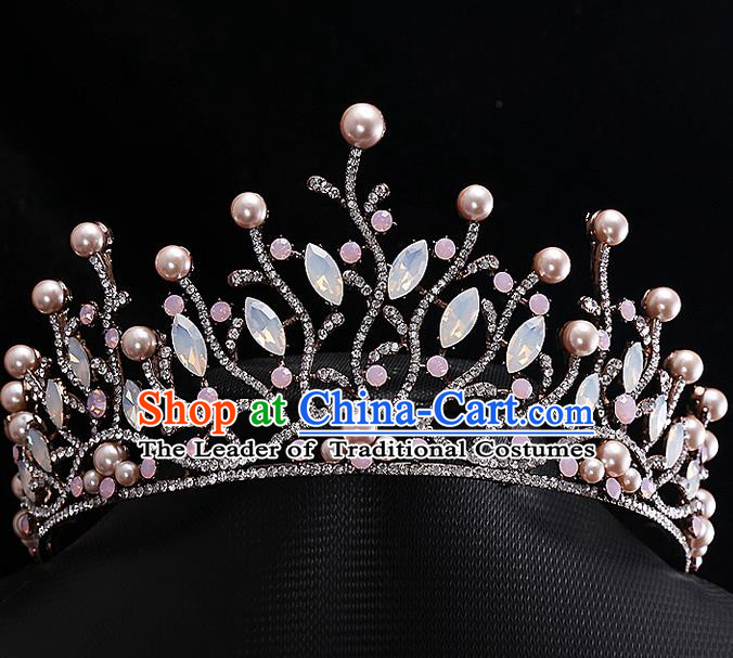 Top Grade Handmade Wedding Hair Accessories Bride Crown, Traditional Baroque Princess Pearl Royal Crown Wedding Headwear for Women