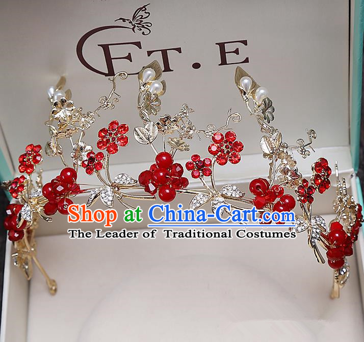Top Grade Handmade Wedding Hair Accessories Bride Red Crown, Traditional Baroque Princess Crystal Royal Crown Wedding Headwear for Women