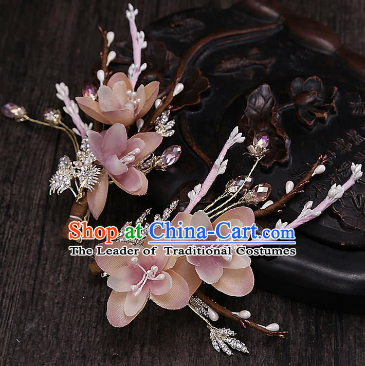 Top Grade Handmade Wedding Hair Accessories Bride Pink Flower Hair Clip, Traditional Baroque Princess Hair Claw Headpiece for Women