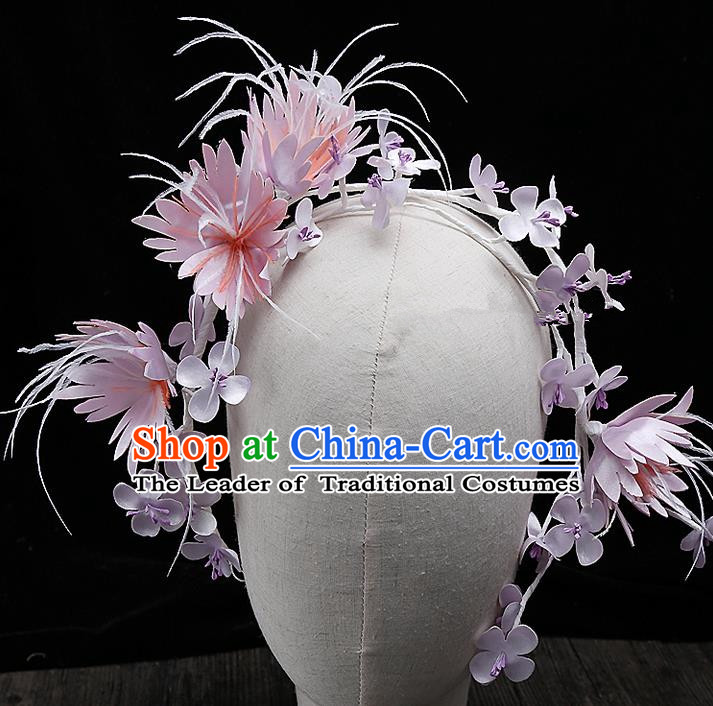 Top Grade Handmade Wedding Hair Accessories Bride Pink Flower Hair Clasp, Traditional Baroque Princess Headband Headpiece for Women