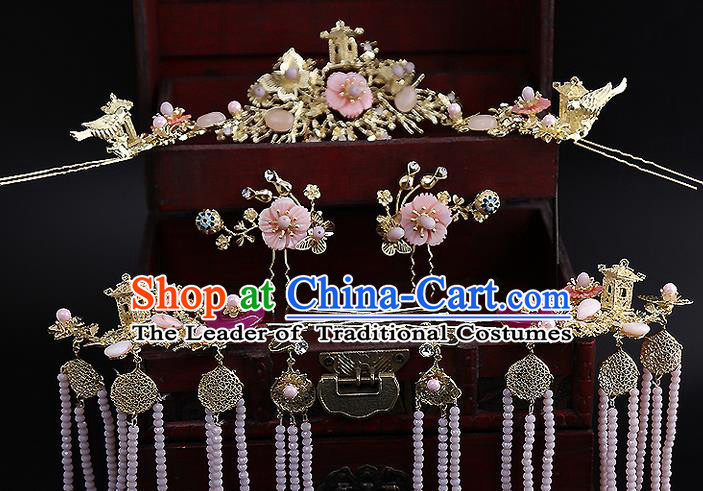 Top Grade Chinese Handmade Wedding Hair Accessories Golden Hairpins Complete Set, Traditional China Xiuhe Suit Bride Phoenix Coronet Hanfu Tassel Headdress Complete Set for Women