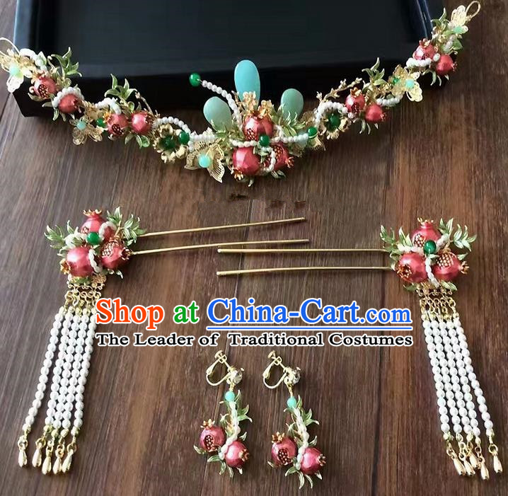 Top Grade Chinese Handmade Wedding Pomegranate Hair Accessories Hair Combs, Traditional China Xiuhe Suit Bride Tassel Headdress Hairpins Complete Set for Women