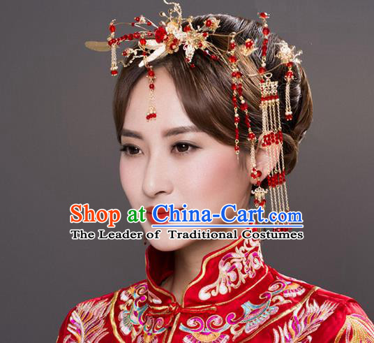 Top Grade Chinese Handmade Wedding Hair Accessories, Traditional China Xiuhe Suit Bride Tassel Hairpins Complete Set for Women