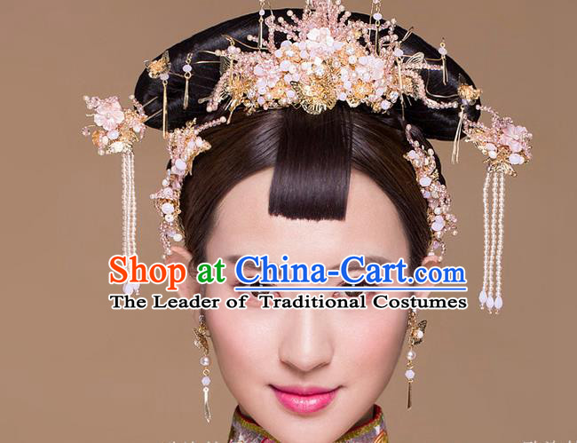 Top Grade Chinese Handmade Wedding Hair Accessories Phoenix Coronet, Traditional China Xiuhe Suit Bride Hairpins Hanfu Tassel Headdress Complete Set for Women