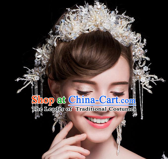 Top Grade Handmade Wedding Hair Accessories Bride Princess Pearl Imperial Crown and Earrings Complete Set, Traditional Baroque Royal Crown Wedding Headwear for Women