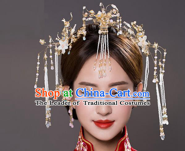 Top Grade Chinese Handmade Wedding Hair Accessories Frontlet Complete Set, Traditional China Xiuhe Suit Bride Hairpins Hanfu Tassel Headdress for Women